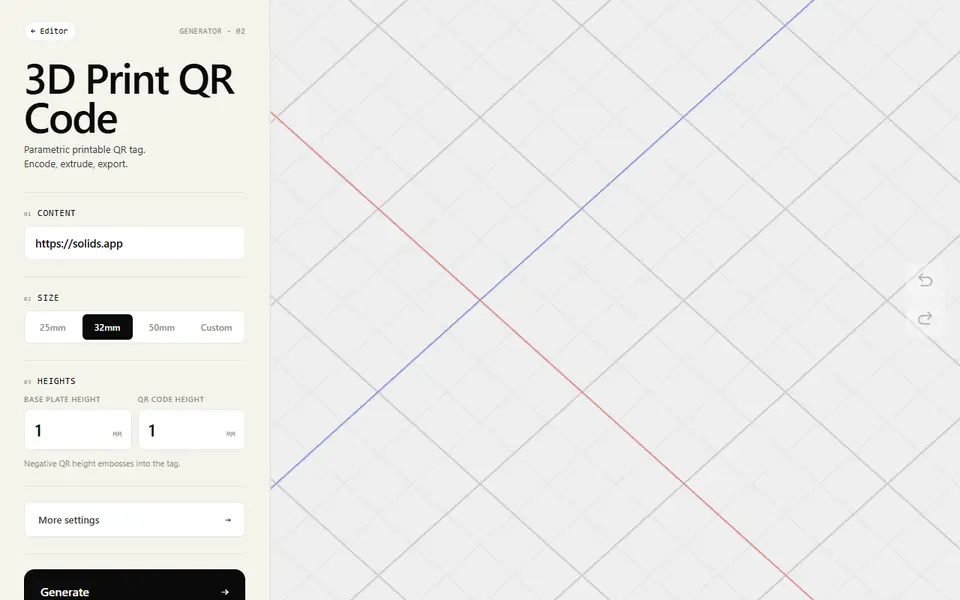 Screenshot of 3D Print QR Code Generator (Solids)