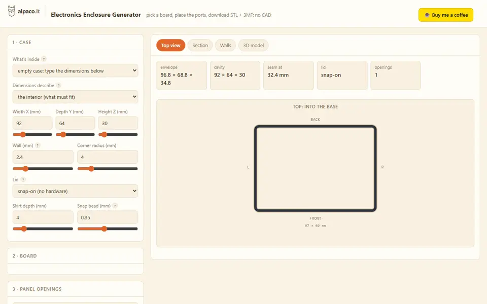 Screenshot of alpaco.it Electronics Enclosure Generator