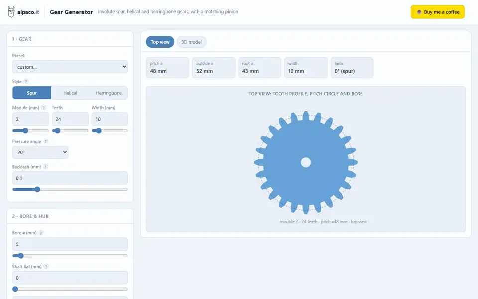 Screenshot of alpaco.it Gear Generator