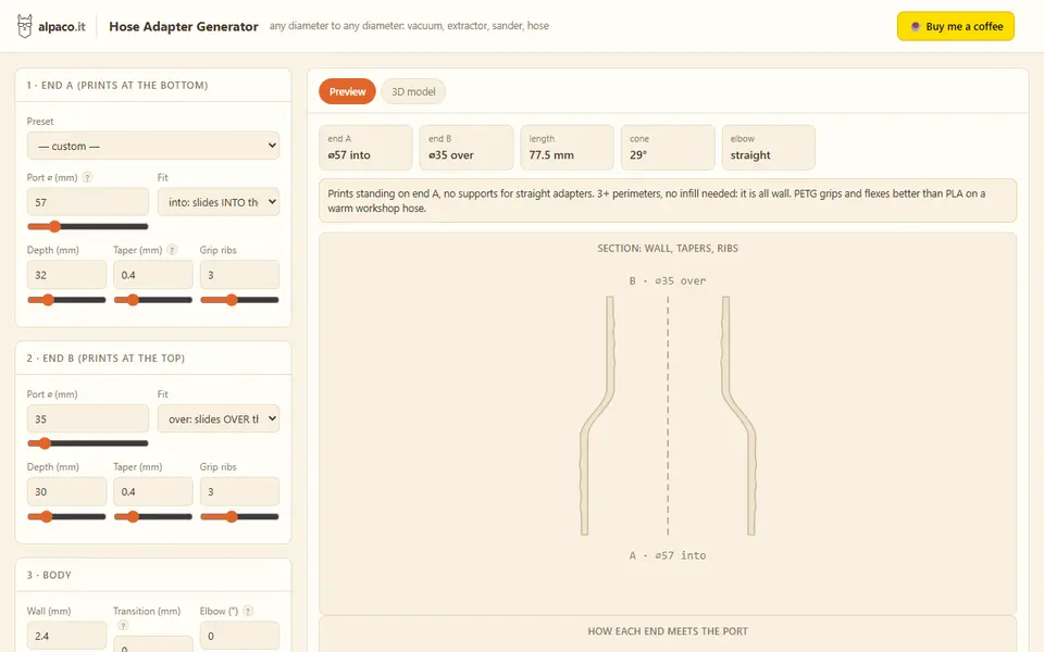 Screenshot of alpaco.it Hose Adapter Generator