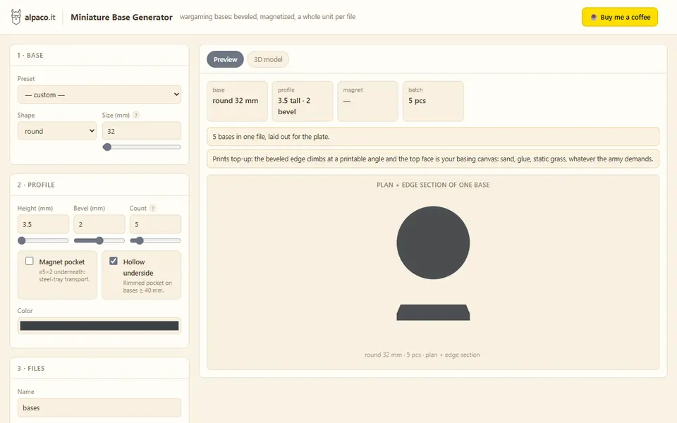 Screenshot of alpaco.it Miniature Base Generator