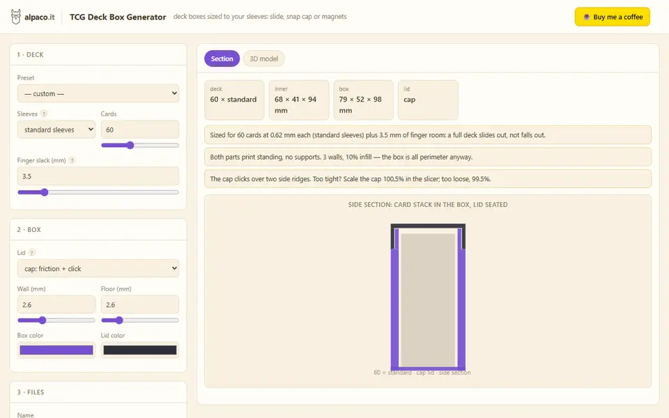 Screenshot of alpaco.it TCG Deck Box Generator