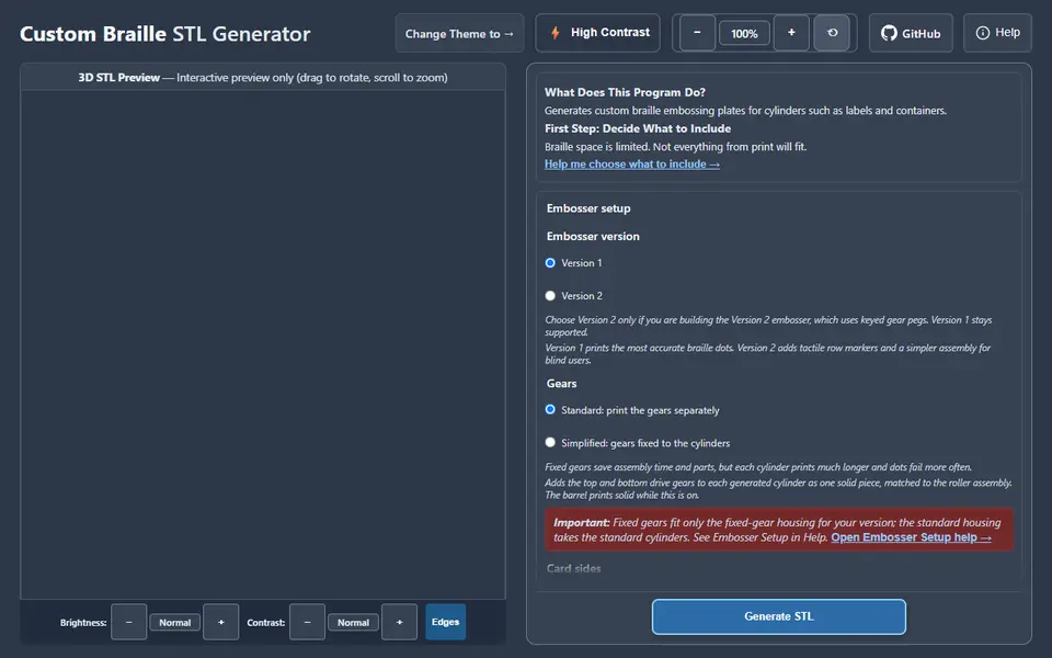 Screenshot of Custom Braille STL Generator