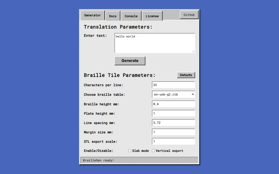 Screenshot of BrailleGen