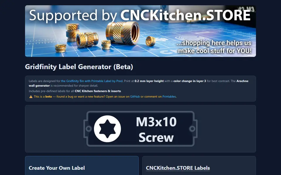 Screenshot of CNC Kitchen Gridfinity Label Generator