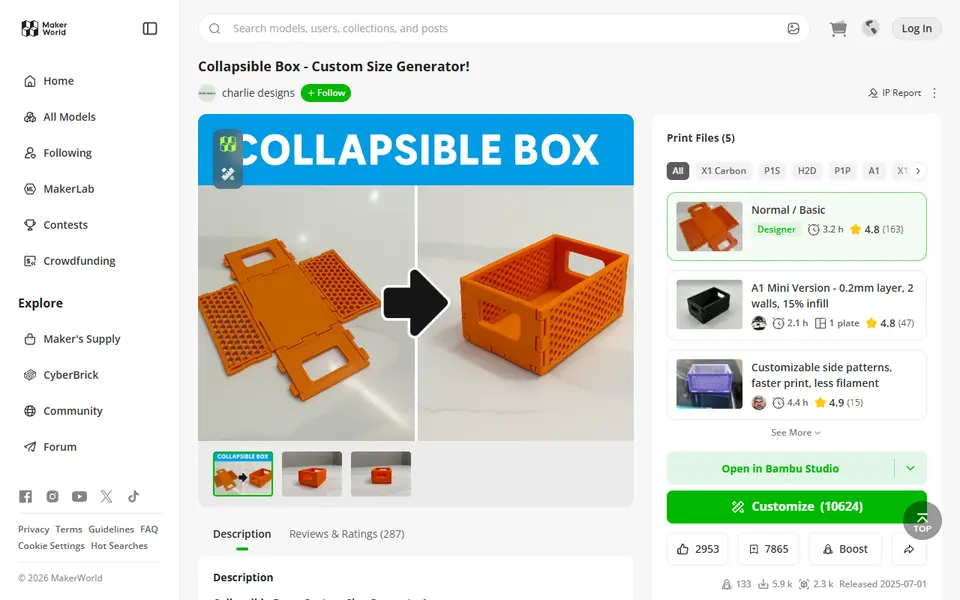 Screenshot of Collapsible Box - Custom Size Generator