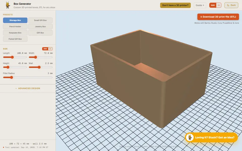 Screenshot of Designer Bee Box Generator