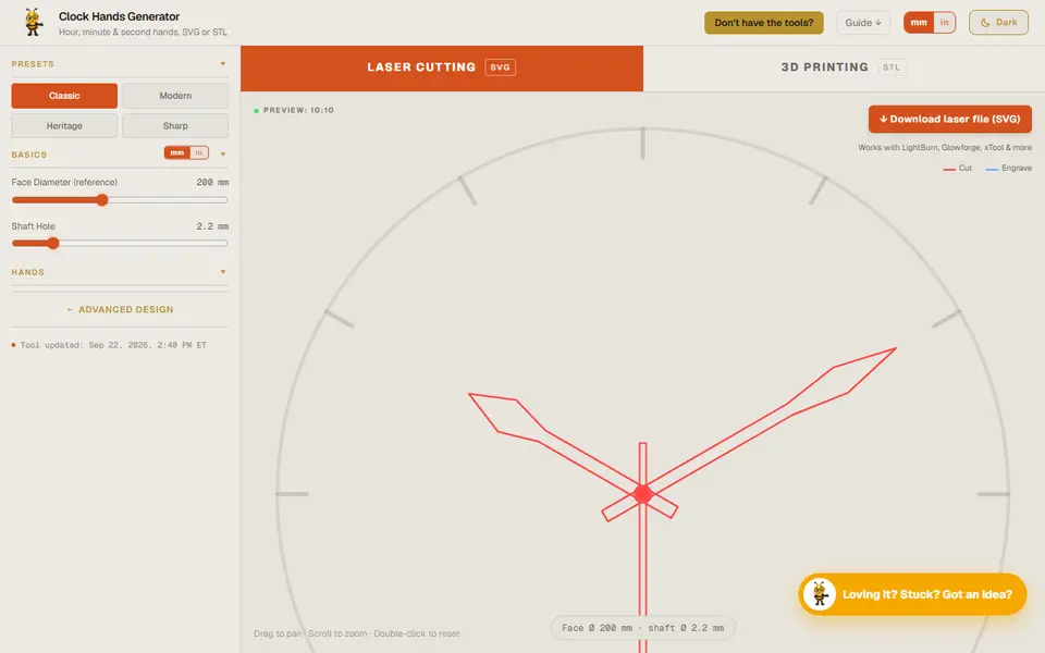 Screenshot of Designer Bee Clock Hands Generator