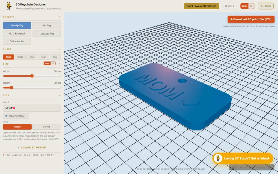 Screenshot of Designer Bee 3D Keychain Designer