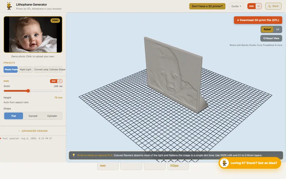 Screenshot of Designer Bee Lithophane Generator