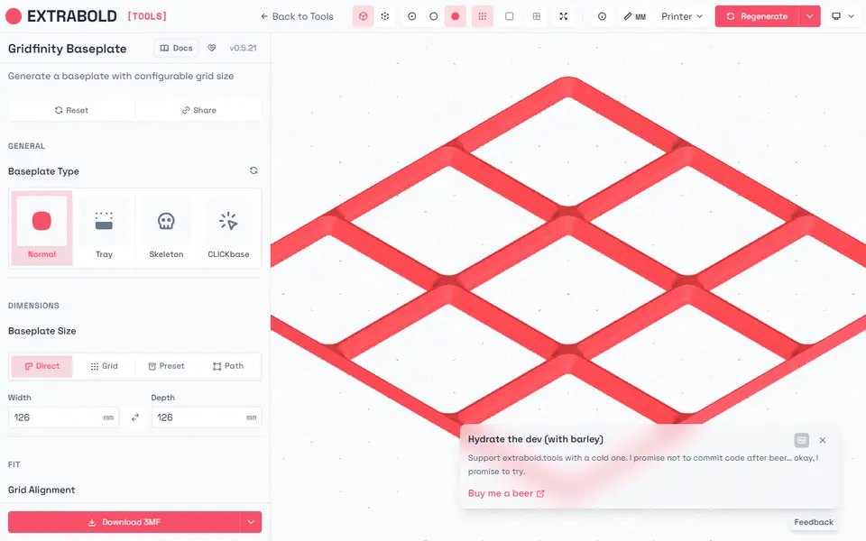 Screenshot of Extrabold Gridfinity Baseplate Generator
