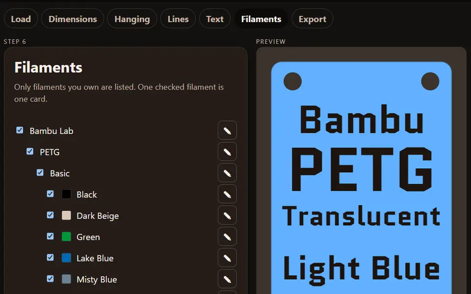 Screenshot of Filament Swatch Generator