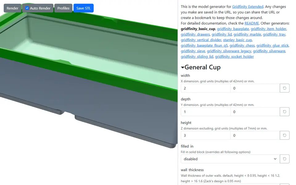 Screenshot of Gridfinity Extended Generators