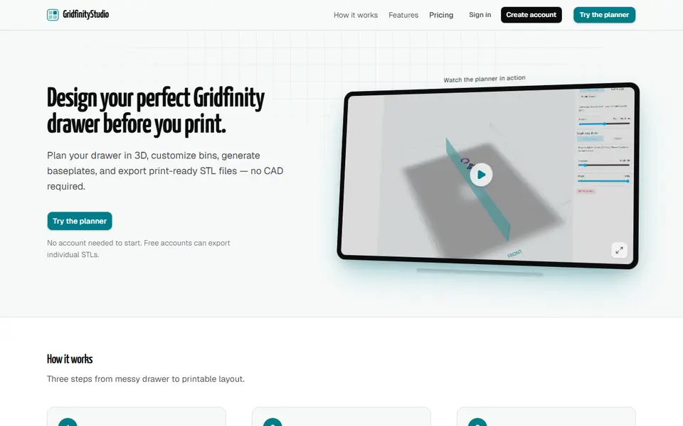 Screenshot of GridfinityStudio (gridfinitystudio.com)