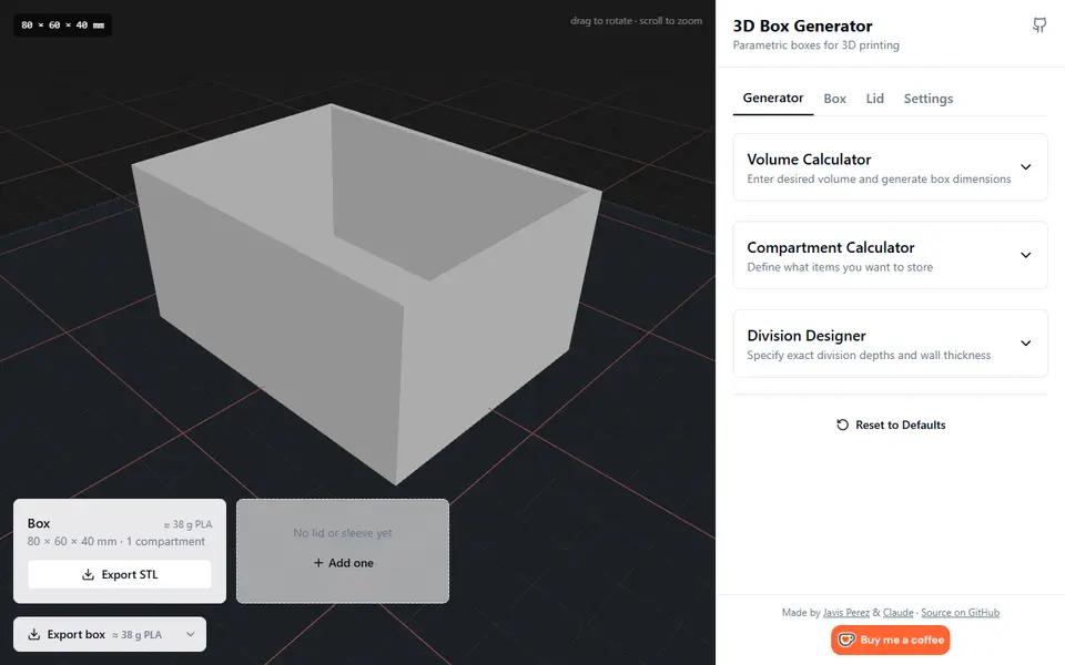 Screenshot of 3D Box Generator