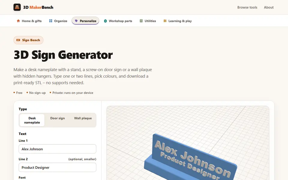 Screenshot of 3D Sign Generator (3D MakerBench)