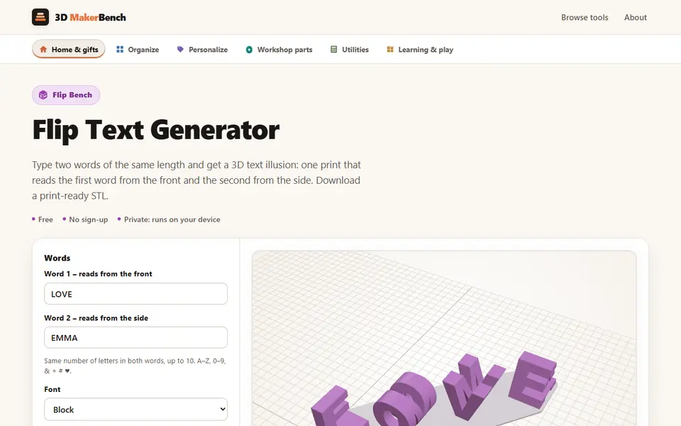 Screenshot of Flip Text Generator (3D MakerBench)