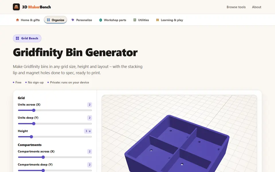 Screenshot of Gridfinity Bin Generator (3D MakerBench)