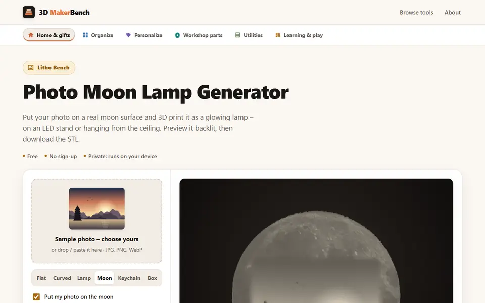 Screenshot of Photo Moon Lamp Generator (3D MakerBench)