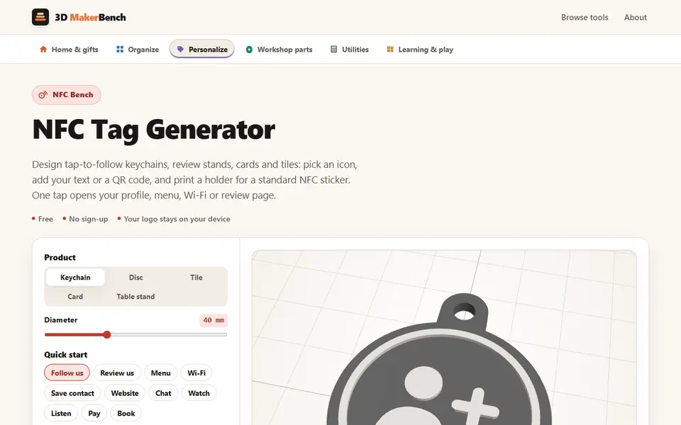 Screenshot of NFC Tag Generator (3D MakerBench)