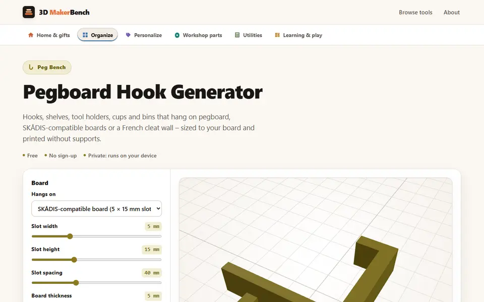 Screenshot of Pegboard Hook Generator (3D MakerBench)