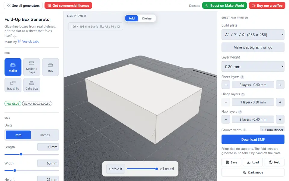 Screenshot of Fold-Up Box Generator (Vostok Labs)