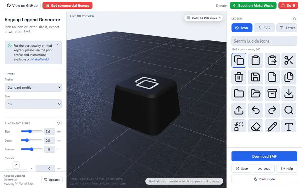 Screenshot of Keycap Legend Generator (Vostok Labs)