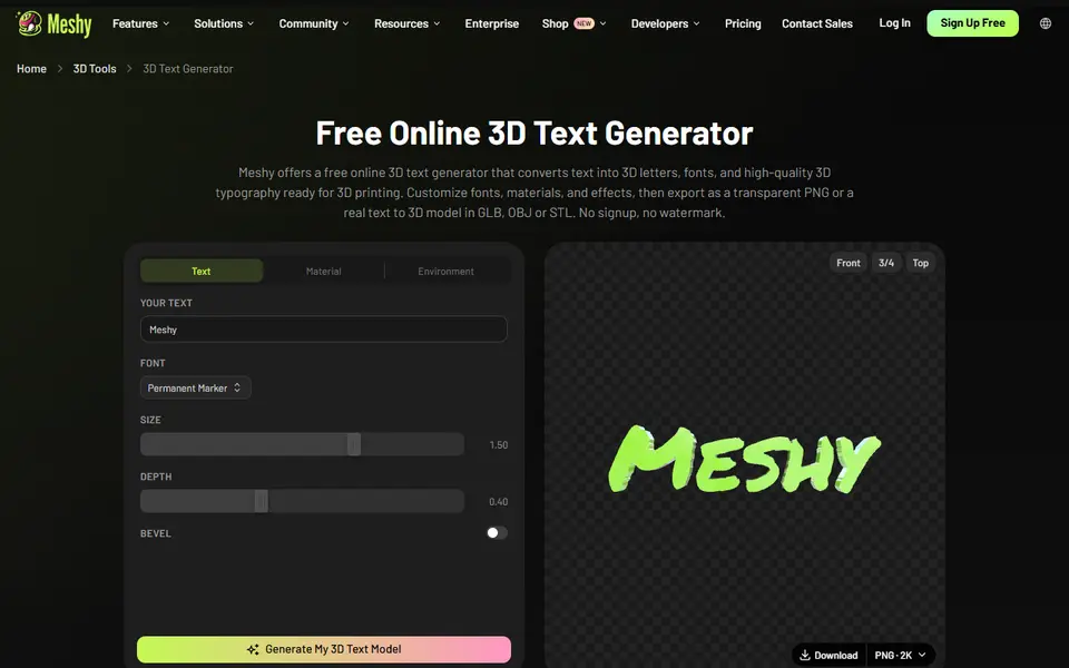 Screenshot of Meshy 3D Text Generator
