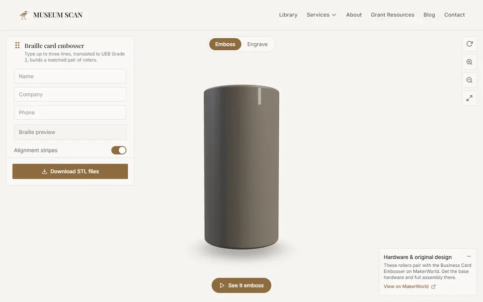 Screenshot of Braille Business Card Embosser Generator (Museum Scan)