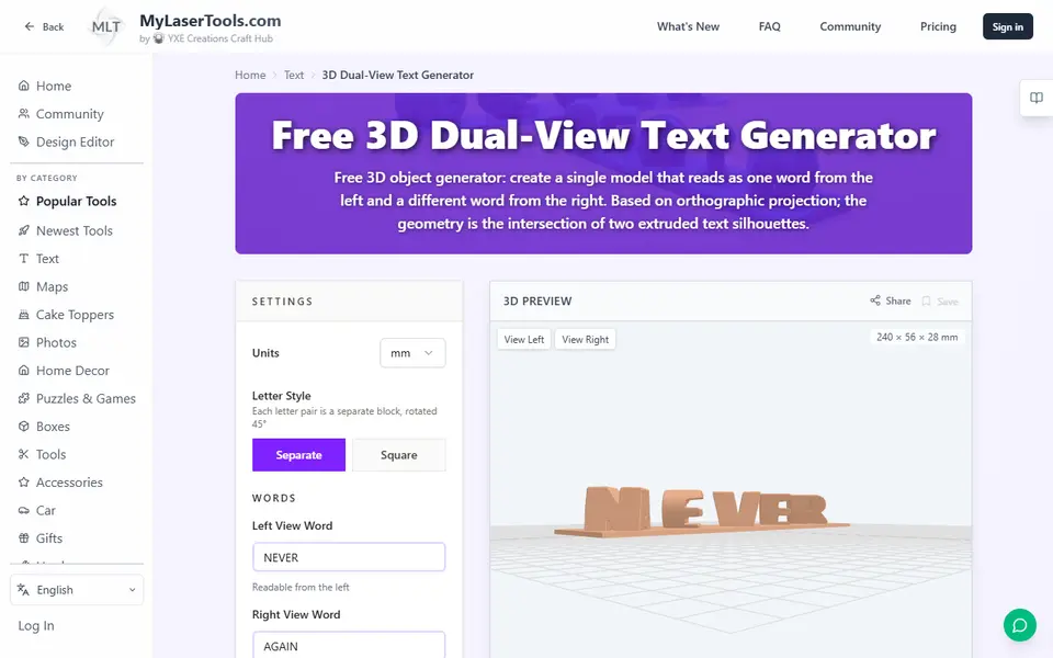 Screenshot of MyLaserTools 3D Dual-View Text Generator