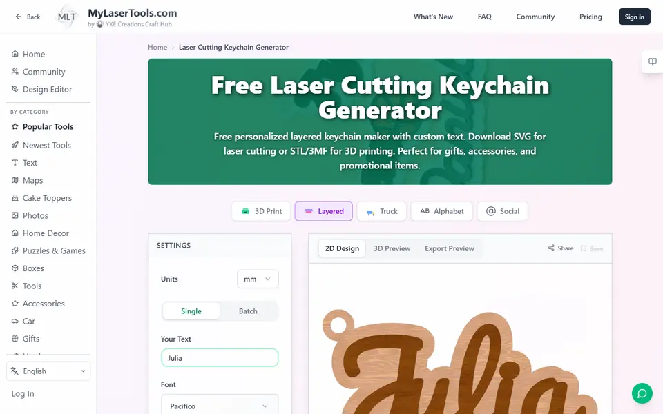 Screenshot of MyLaserTools Keychain & Cake Topper Generators
