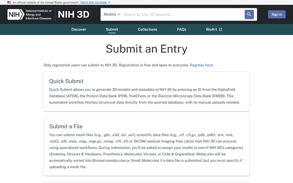 Screenshot of NIH 3D Quick Submit