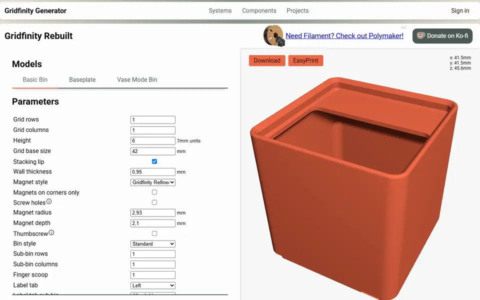 Screenshot of Perplexing Labs Gridfinity Generator