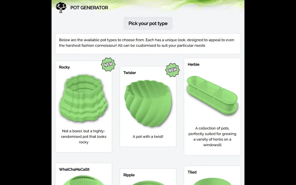 Screenshot of PlantXYZ Pot Generator