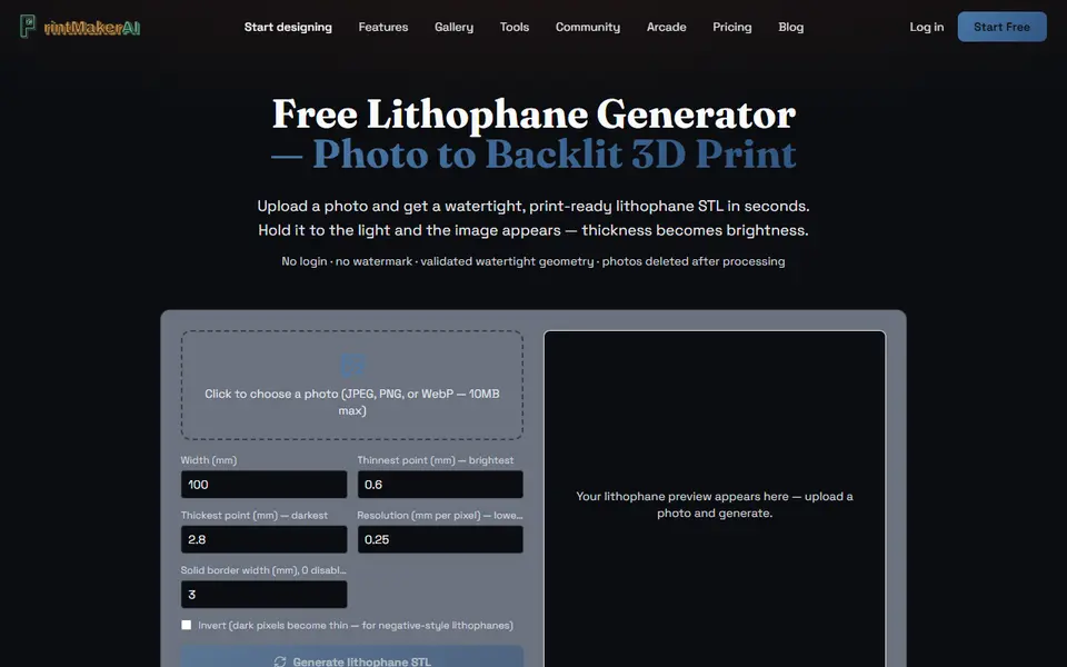 Screenshot of PrintMakerAI Lithophane Generator