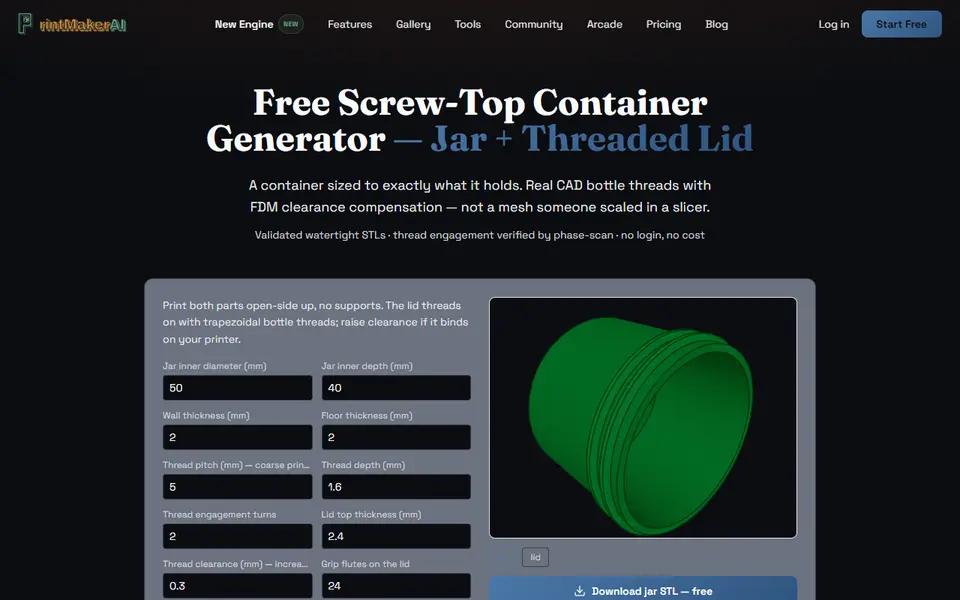 Screenshot of PrintMakerAI Screw-Top Container Generator