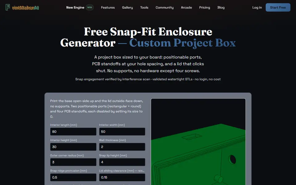 Screenshot of PrintMakerAI Snap-Fit Enclosure Generator