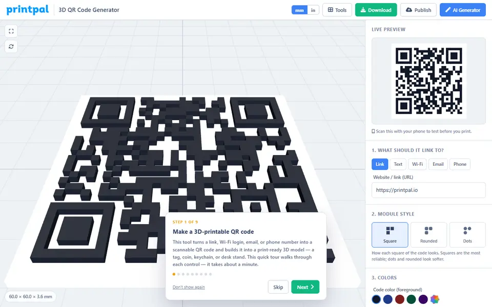 Screenshot of printpal 3D QR Code Generator