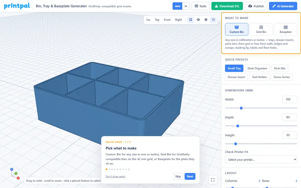 Screenshot of PrintPal Bin, Tray & Baseplate Generator