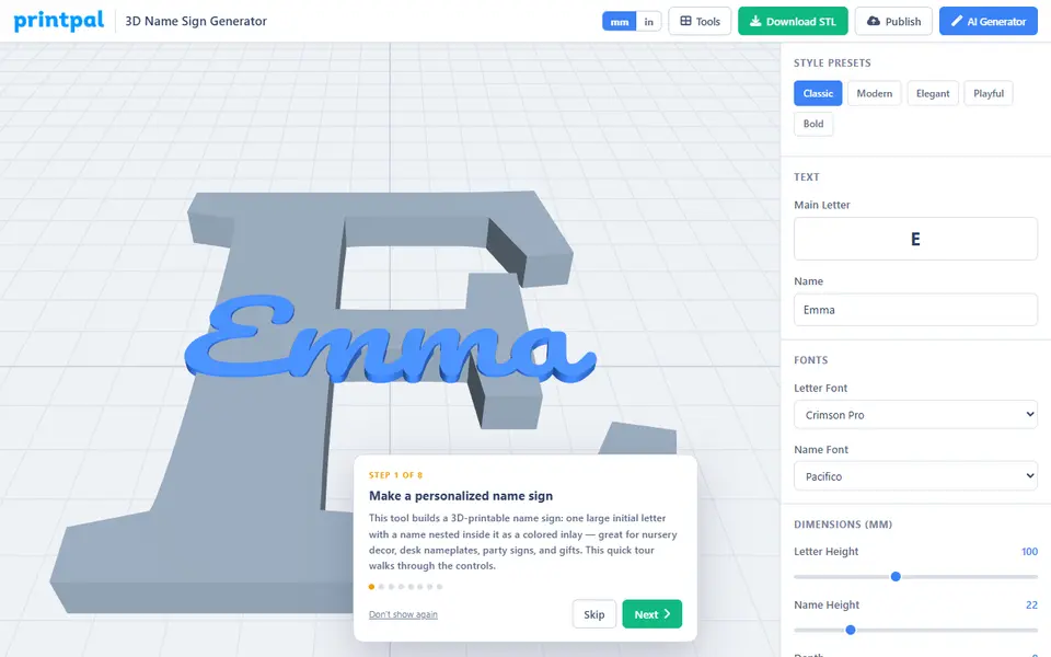 Screenshot of printpal 3D Name Sign Generator