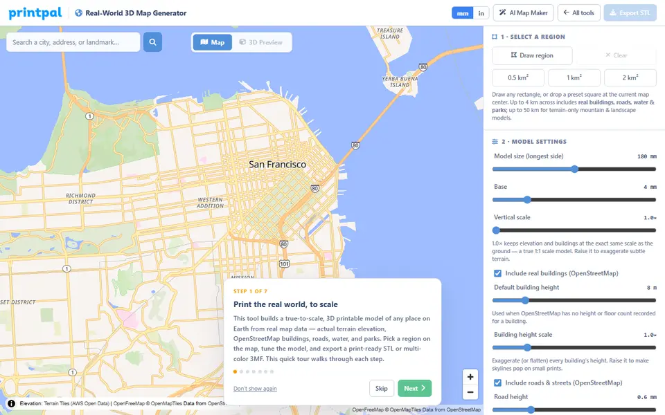 Screenshot of PrintPal Real-World 3D Map Generator