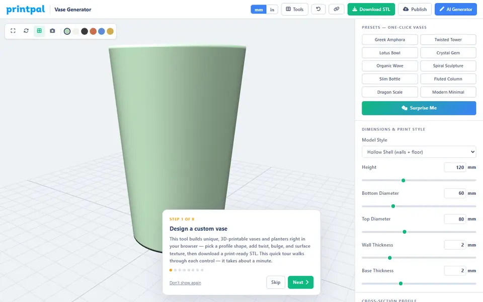 Screenshot of PrintPal Vase Generator