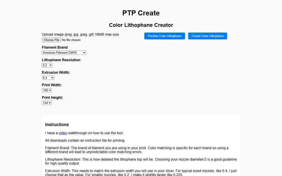 Screenshot of PTP Create Color Lithophane Creator