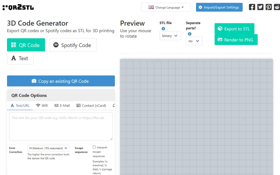 Screenshot of QRCode2STL
