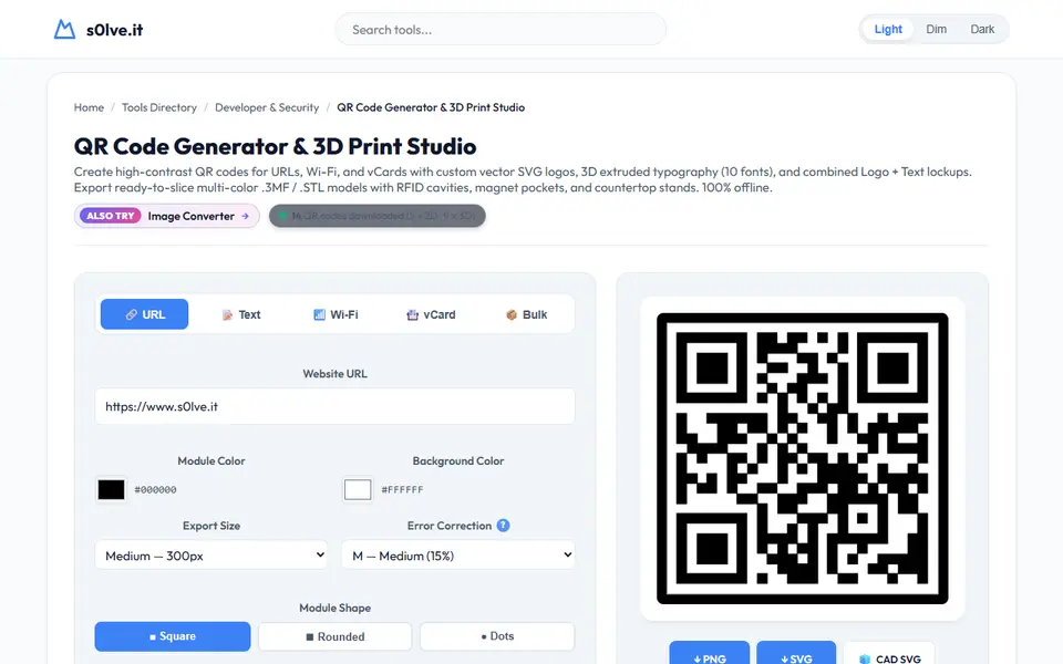 Screenshot of s0lve.it QR Code & 3D Print Studio
