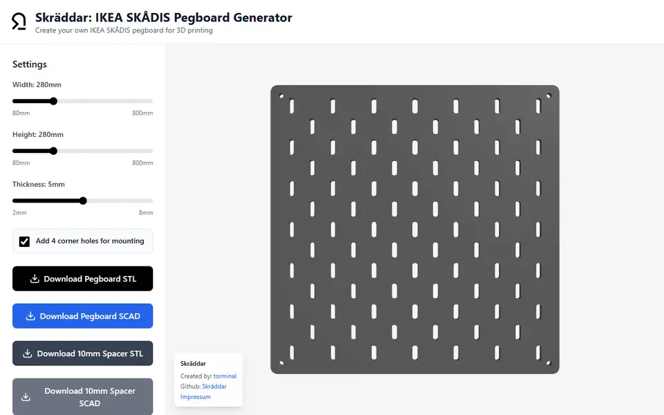Screenshot of Skrädda Pegboard Generator
