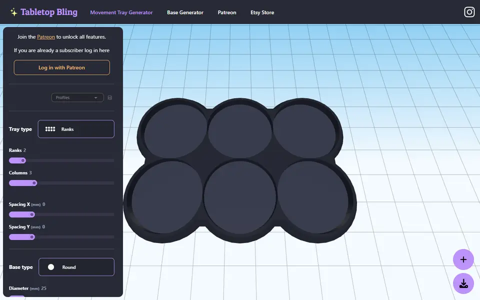 Screenshot of Tabletop Bling Movement Tray Generator