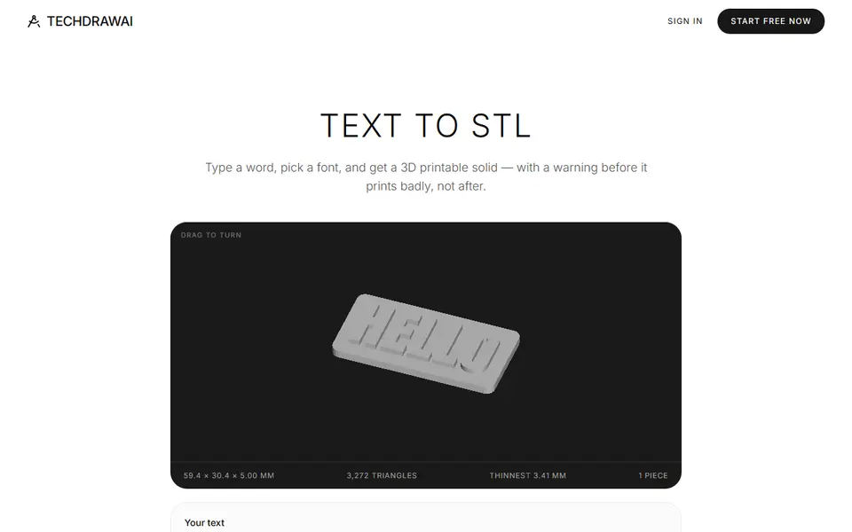 Screenshot of TechDraw AI Text to STL