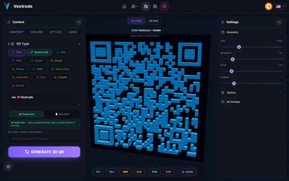 Screenshot of Vextrude 3D QR Code Generator
