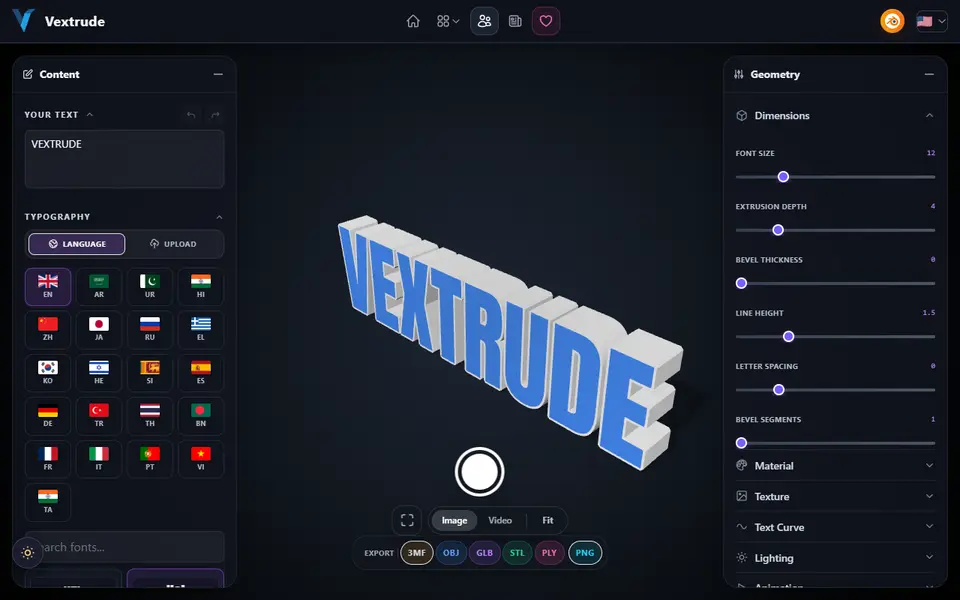 Screenshot of Vextrude 3D Text Generator